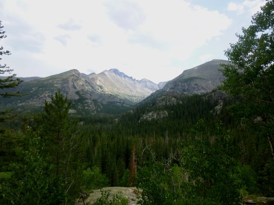 Longs Peak, Thatchtop, and Glacier Gorge from trail above Nymph Lake