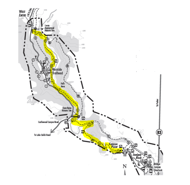 Map of 3.2-mile end-to-end hike in Castlewood Canyon State Park