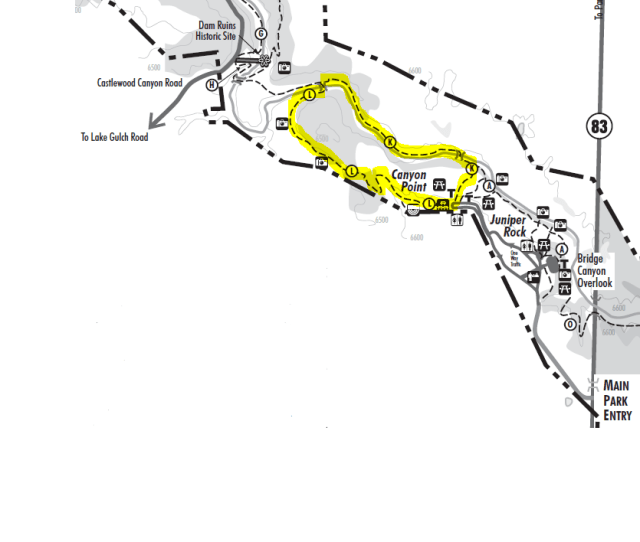 Map of Inner Canyon - Lake Gulch Trail loop, Castlewood Canyon State Park (credit: Colorado Parks & Wildlife: http://cpw.state.co.us/placestogo/parks/CastlewoodCanyon/Documents/Castlewood-StateParkMap.pdf)