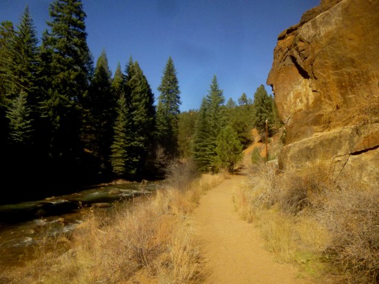 Looking back at the Narrow Gauge Trail as it weaves between river and rocks