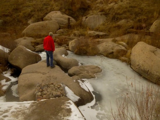 Crossing frozen Cherry Creek, near the end of the Lake Gulch Trail