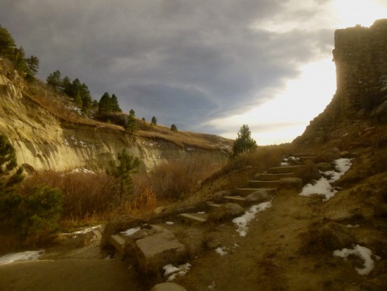 Beyond the dam in Castlewood Canyon; note the striking Dawson Arkose formation on the opposite bank