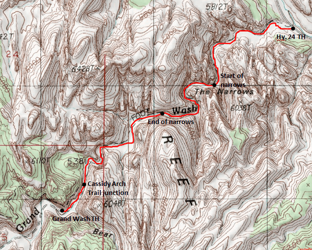 Map of Grand Wash Trail, Capitol Reef National Park