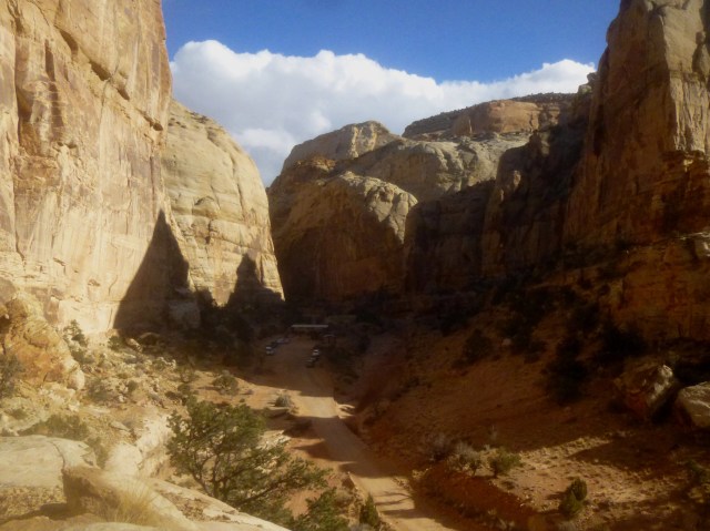 View of parking area at the end of Capitol Gorge Road - from the Golden Throne Trail, Capitol Reef National Park