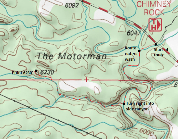 Map of route to Point 6,230', near The Motorman, Capitol Reef National Park Adapted from: http://www.mytopo.com/maps/