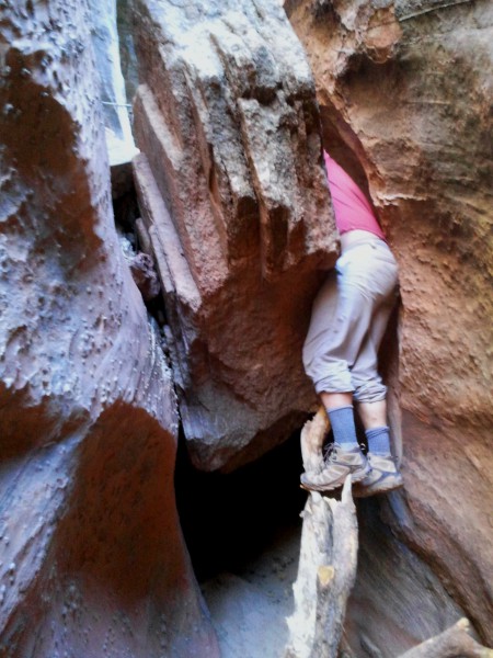 Squeezing past the humongous chockstone, with the assistance of a well-placed tree branch