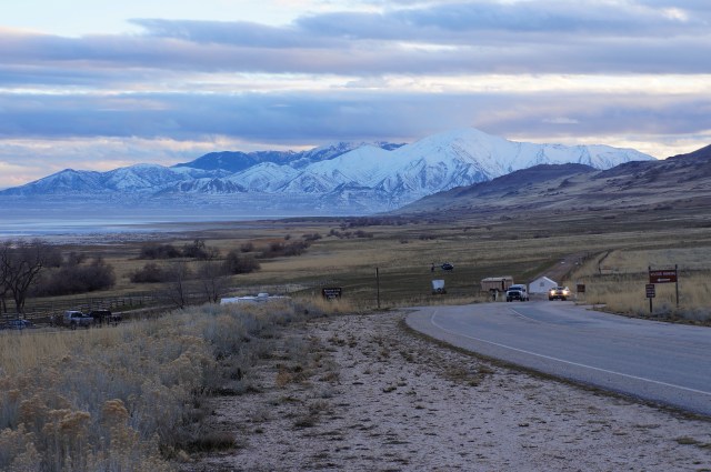 Snow-capped mountains to the south, from near Fielding Garr Ranch, Antelope Island State Park