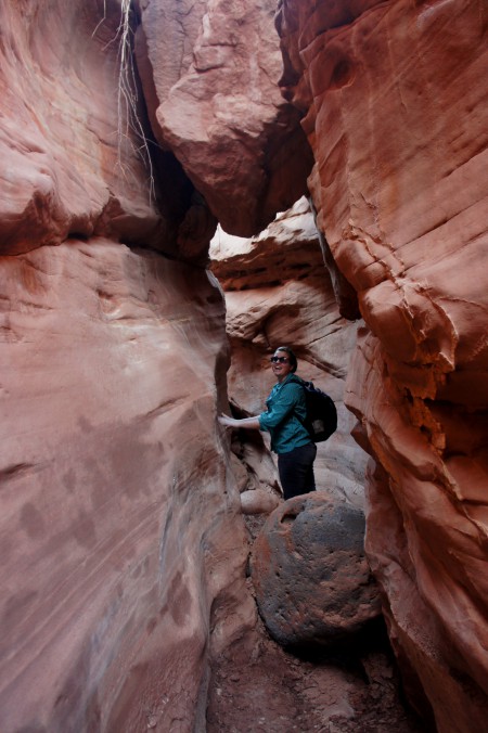 Hannah in the first slot section, Sheets Gulch, Capitol Reef National Park