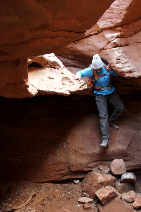 Dropping into a partially enclosed bowl in the Kayenta narrows, Little Wild Horse Canyon