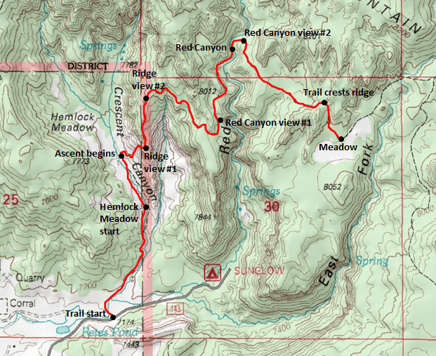Map of Durfey Canyon / Boy Scouts Trail, Sunglow area, Fishlake National Forest - including Hemlock Meadow, Crescent Canyon, Red Canyon, and East Fork of Red Canyon; adapted from: http://www.mytopo.com/maps/
