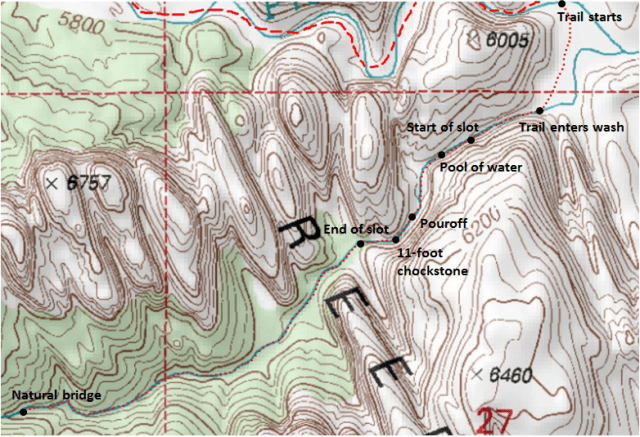 Map of Pleasant Creek slot canyon and route to natural bridge, Capitol Reef National Park; adapted from: http://www.mytopo.com/maps/