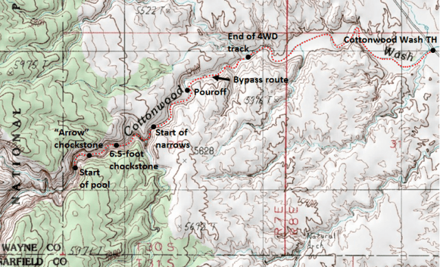 Map of Cottonwood Wash route, Capitol Reef National Park; adapted from: http://www.mytopo.com/maps/