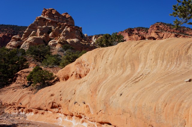 Curvy Wingate sandstone, with the rocky monolith beyond, Red Canyon Route, Capitol Reef National Park