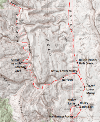 Map of Lower Muley Twist Canyon route, including Grand Gulch and Hamburger Rocks; adapted from: http://www.mytopo.com/maps/