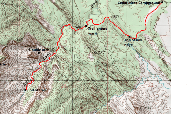 Map of Red Canyon Trail and Route, Capitol Reef National Park; adapted from: http://www.mytopo.com/maps/