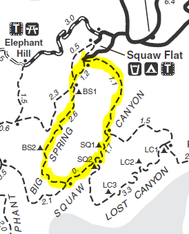 Map of Big Spring Canyon - Squaw Canyon Loop hike, Needles District, Canyonlands National Park; adapted from: http://www.nps.gov/cany/planyourvisit/upload/needles.pdf