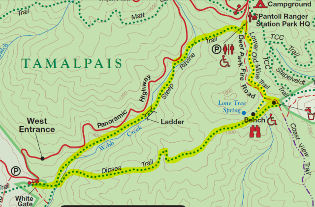 Map of Dipsea Trail - Steep Ravine Trail Loop, Mount Tamalpais State Park; adapted from: http://www.parks.ca.gov/?page_id=471