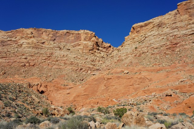 Look back at the "airport route" (or "airstrip route") access ravine slicing through Big Thompson Mesa, Halls Creek Narrows route, Capitol Reef National Park