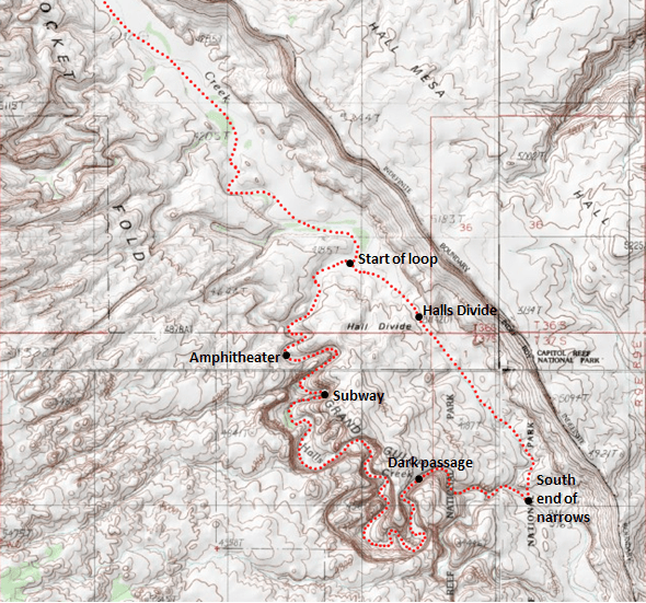 Map of Halls Creek Narrows route, including Halls Divide, Capitol Reef National Park (2 of 2); adapted from: http://www.mytopo.com/maps/