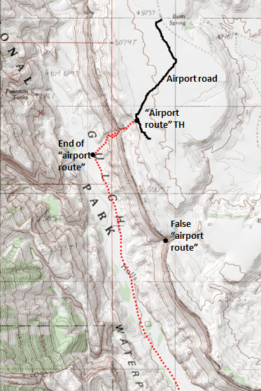Map of Halls Creek Narrows hike via the "airport" shortcut route, Capitol Reef National Park (1 of 2); adapted from: http://www.mytopo.com/maps/