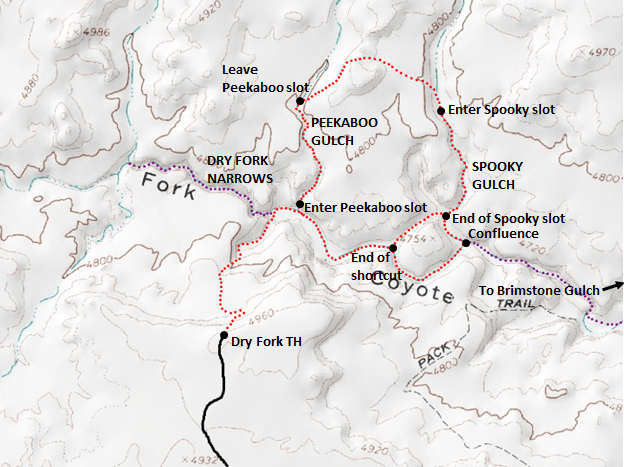 Map of Peekaboo Gulch and Spooky Gulch slot canyons, Grand Staircase-Escalante National Monument; adapted from: http://www.mytopo.com/maps/