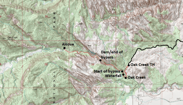 Map of Oak Creek Canyon hike, Capitol Reef National Park; adapted from: http://www.mytopo.com/maps/