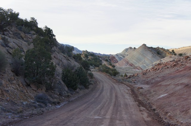 Driving through an alien landscape of bentonite hills in the Morrison formation, Notom-Bullfrog Road, Captol Reef National Park