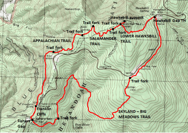 Trail Map of Hawksbill - Fishers Gap Loop, including Skyland-Big Meadows Trail, Shenandoah National Park; adapted from http://www.mytopo.com/maps/