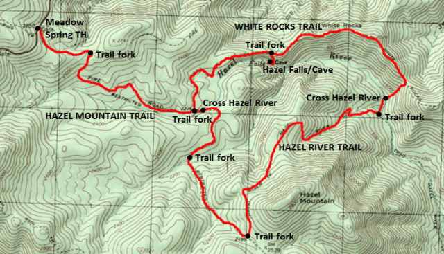 Map of loop hike to Hazel Falls and Hazel Cave, plus White Rocks Trail and Hazel River Trail, Shenandoah National Park; adapted from: http://www.mytopo.com/maps/