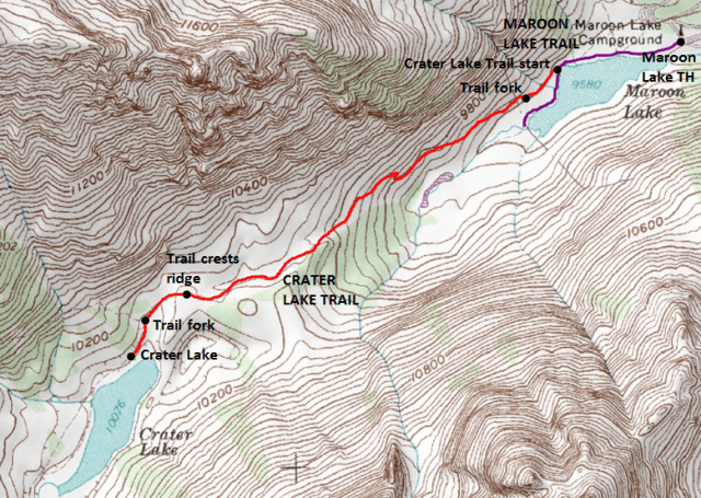 Map of Crater Lake Trail, Maroon Bells Recreation Area, White River National Forest; adapted from: http://www.mytopo.com/maps/
