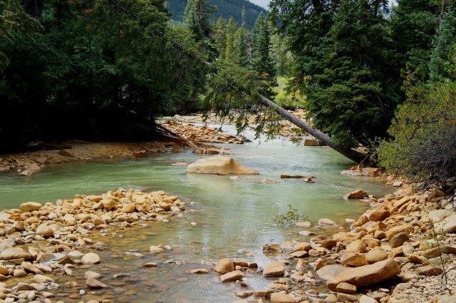 Golden rock beach along Lake Creek, near Snyder Falls