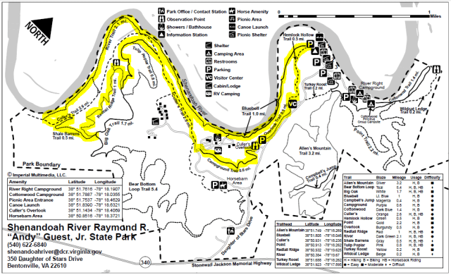 Trail map of Shenandoah State Park, with route highlighted; adapted from: http://www.dcr.virginia.gov/state-parks/shenandoah-river.shtml#park_trail_guide