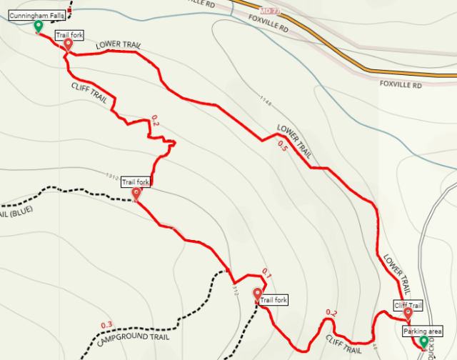 Cunningham Falls Cliff Trail Falls Trail Loop hike map