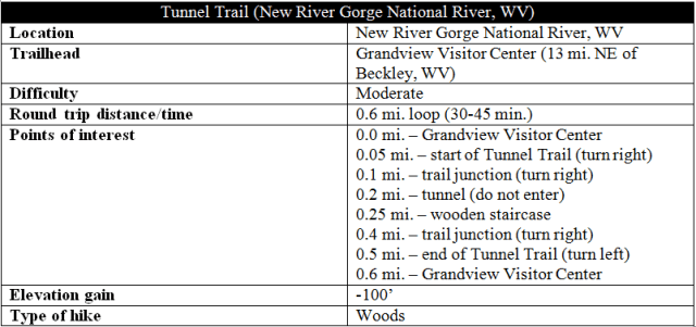 Tunnel Trail Grandview New River Gorge hike information