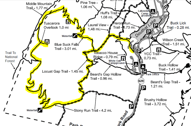 Blue Suck Falls Loop and Tuscarora Overlook hike Douthat State Park trail map