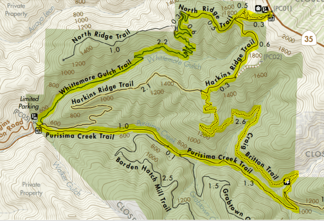 Purisima Creek Redwoods loop hike map