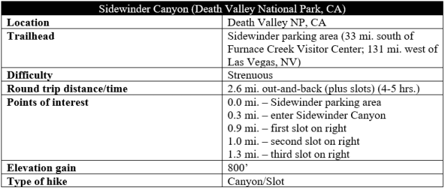 Sidewinder Canyon hike information Death Valley slot trail